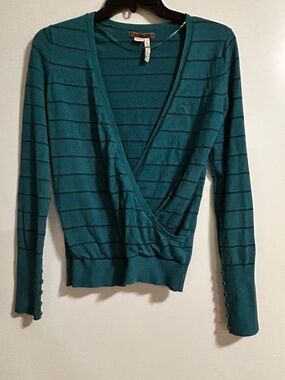 Vintage 90s comeback! -Esprit Teal Striped Wrap-Front Long Sleeve Sweater